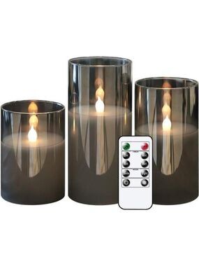 Flameless LED Candles Set of 3 Gray Glass Remote Timer Real Wax Home Decor